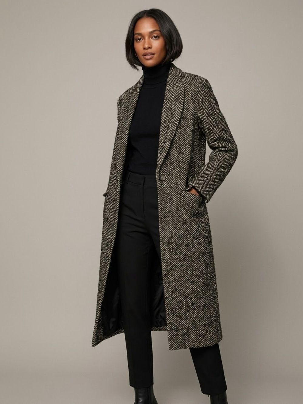ZARA Herringbone Textured Longline Coat Black & Cream Flecked Wool Blend Size L